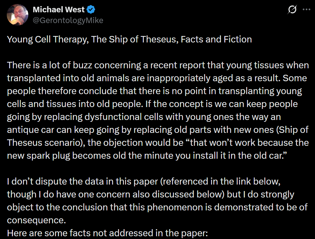 Post from Michael West on transplanted hearts and biological age